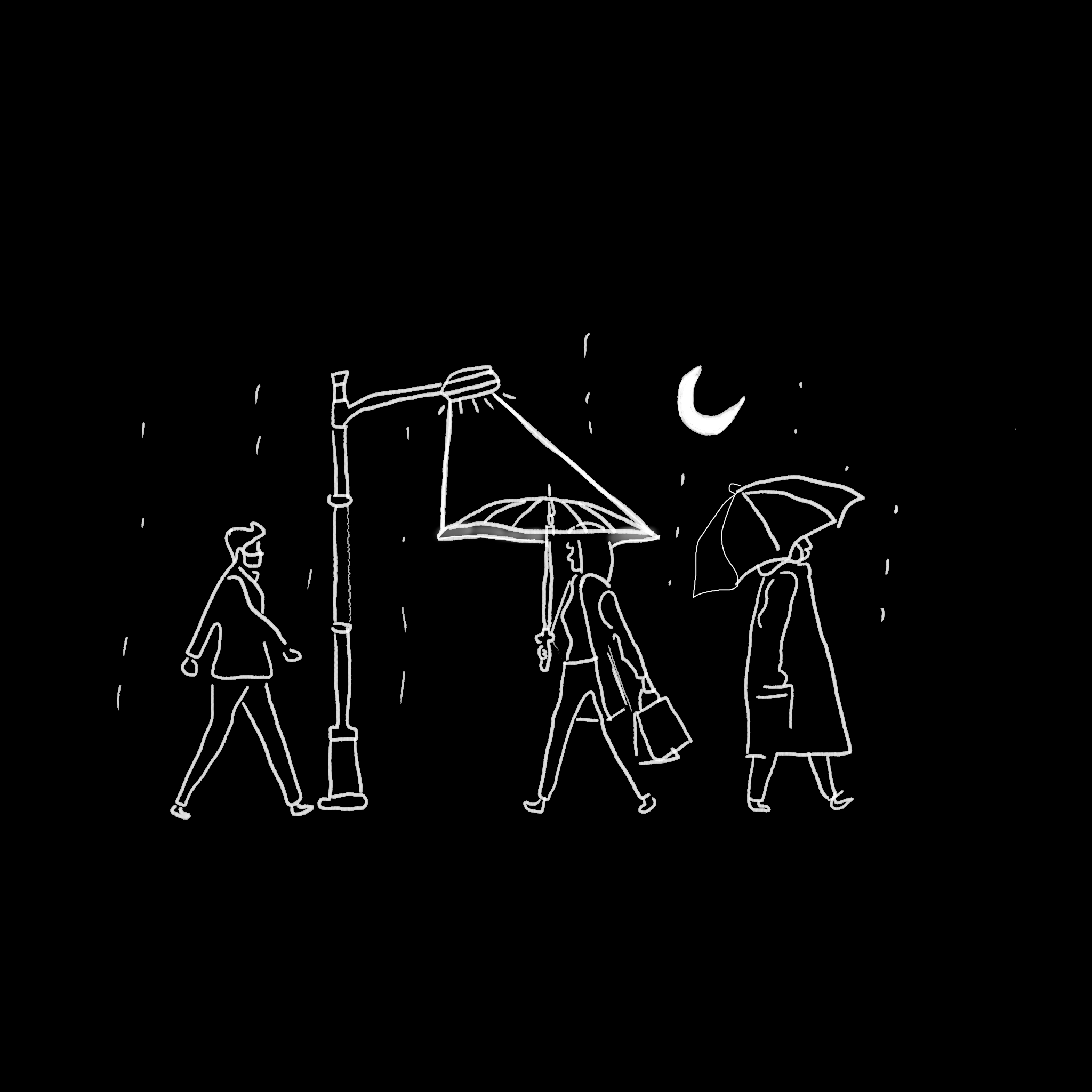 A conceptual drawing comparing the LED umbrella to a streetlight. The image suggests that the umbrella can act as a portable lighting source for pedestrians in dark and rainy conditions.