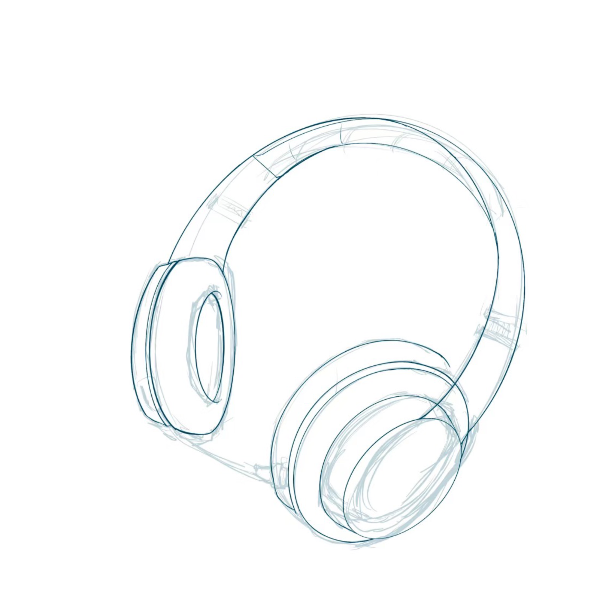 This image is my initial sketch of the headphones, capturing the basic structure before adding any lighting details.